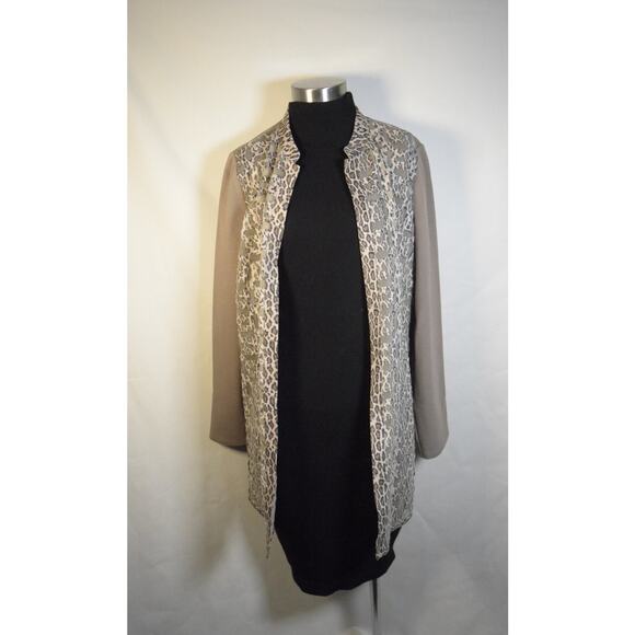 Chico's Khaki & Leopard Print Mesh Duster Open Front Jacket Sz S Career Dressy - Picture 2 of 12